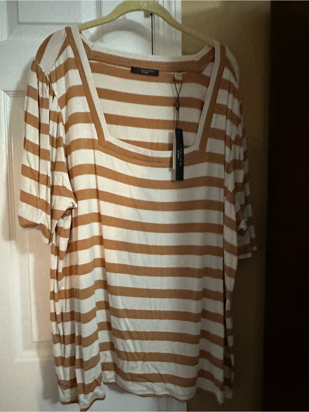 T Tahari Tan and White Striped Short Sleeve Scoop Neck Top